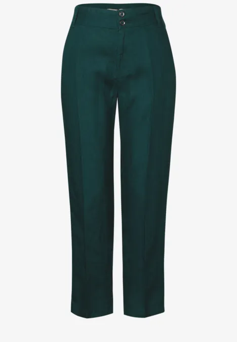 Dunkelgrüne Stoffhose mit geradem Schnitt und zwei Knöpfen.